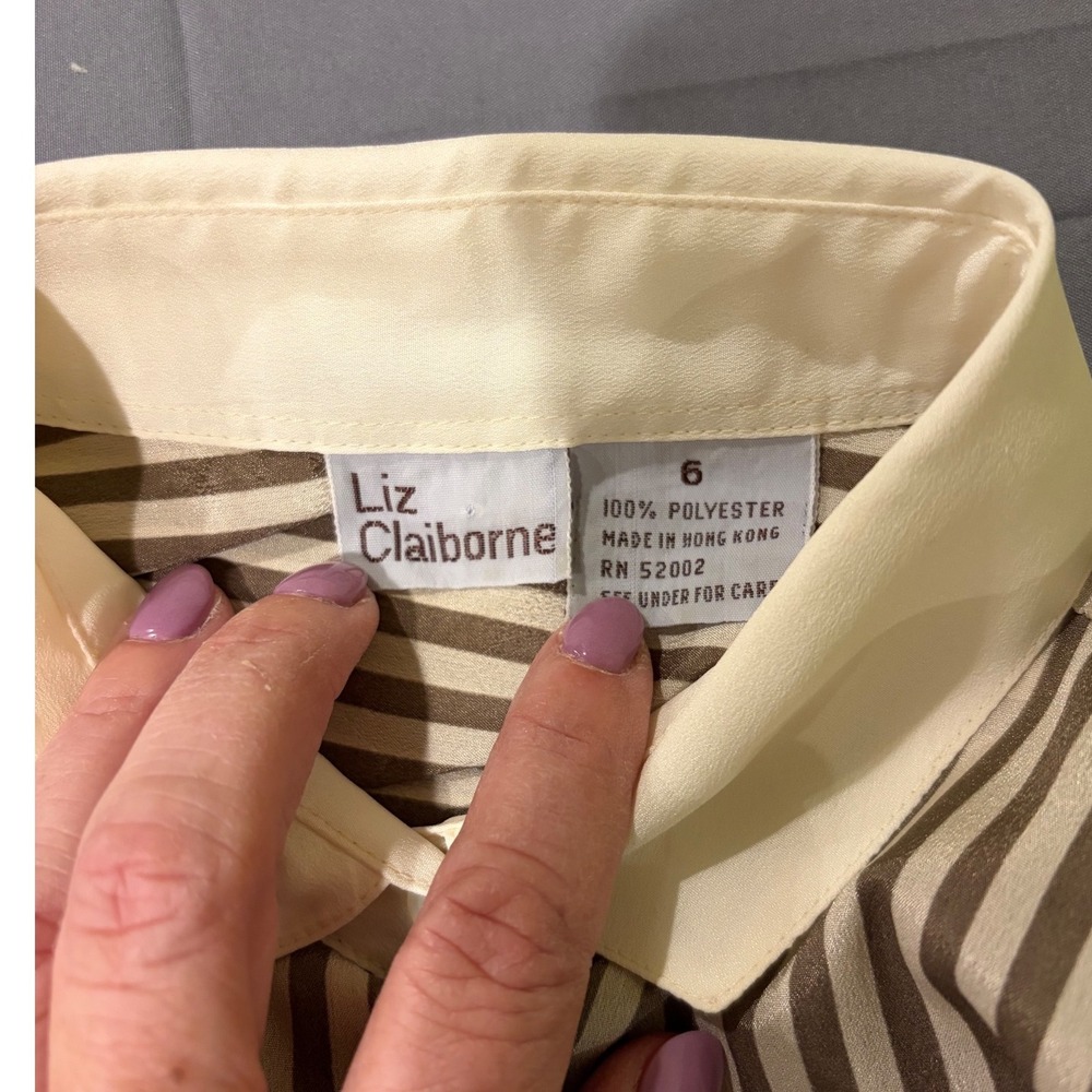 Vintage Liz Claiborne Striped Blouse Brown Cream Puff Shoulder Button Down Sz 6 - Picture 4 of 6